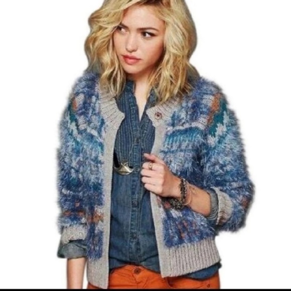 FREE People Blue Wool Alpaca Nordic Party Fuzzy Cardigan Size Medium - Picture 10 of 12